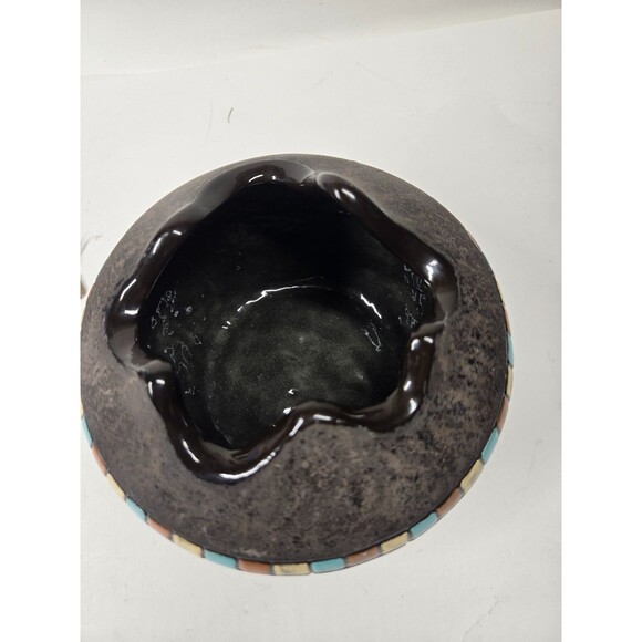 Black Ceramic Bowl Pot w/Blue Squares Geometric Signed Vtg MCM Blackware Native? - Picture 12 of 16